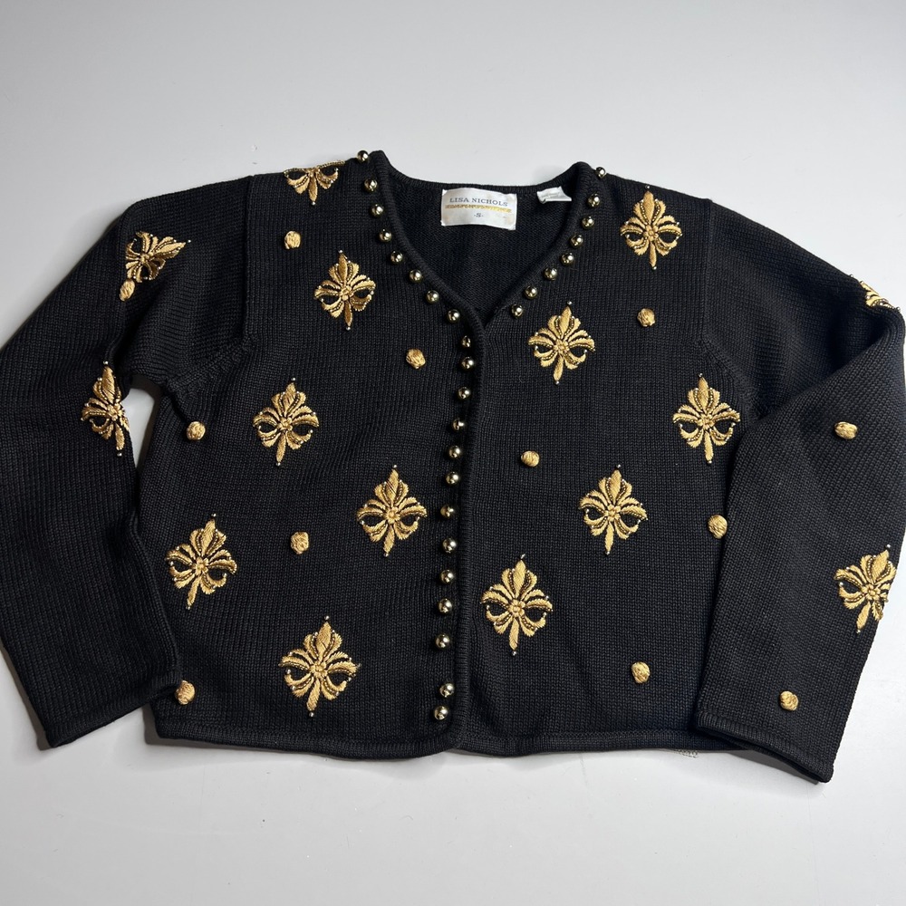 Lisa Nichols Vintage Black Gold Fleur De‎ Lis Embroidered Cardigan Sweater Small